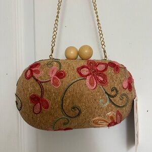 Embroidered Floral Clutch Bag in Tan and Pink
